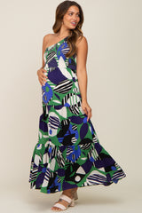 Green Printed One Shoulder Tiered Maternity Maxi Dress