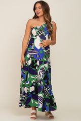 Green Printed One Shoulder Tiered Maternity Maxi Dress