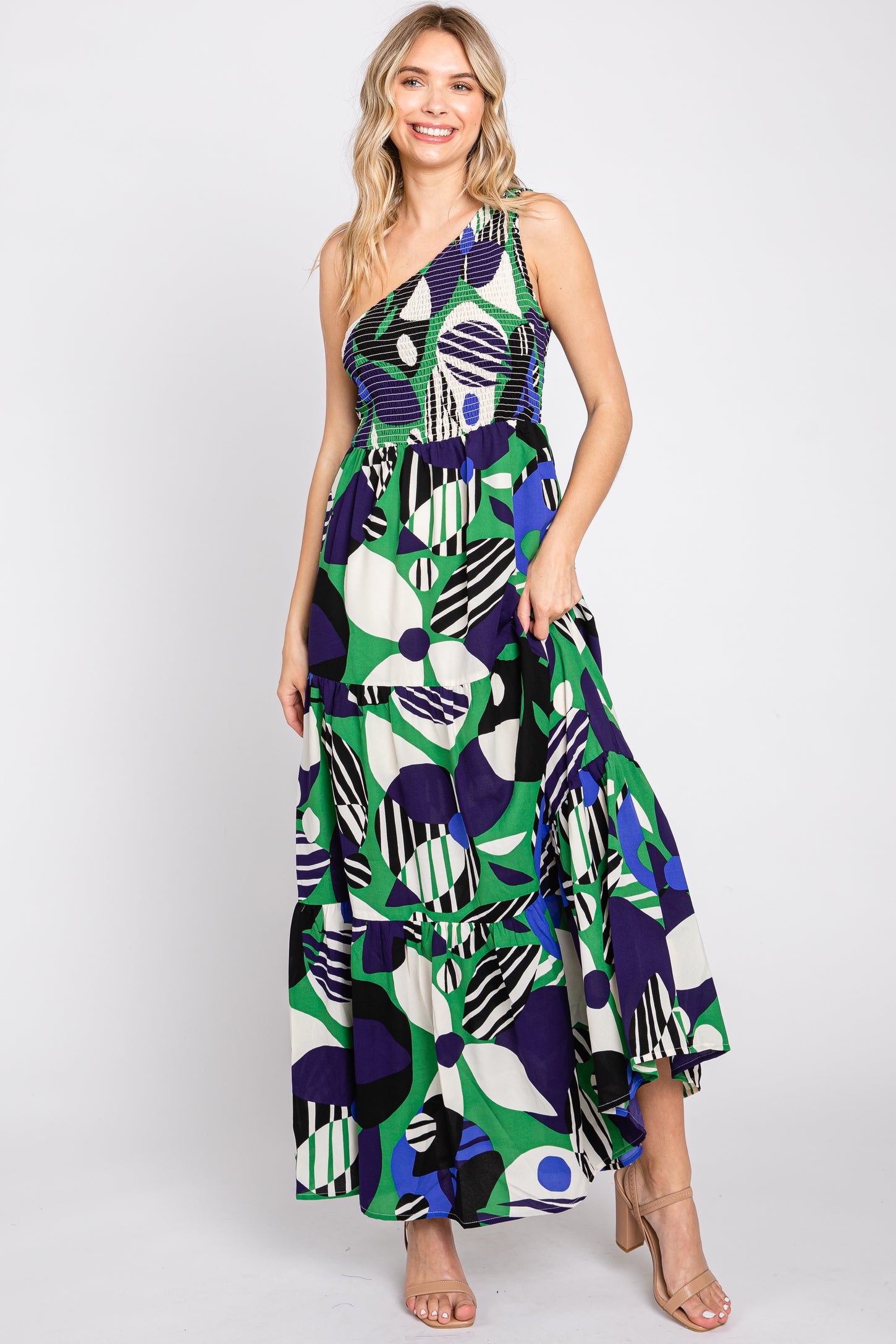 Green Watercolor Satin Pleated One-Shoulder Asymmetrical Maternity