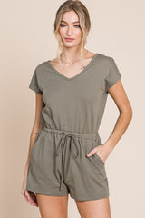 Olive Soft French Terry Romper With Pockets