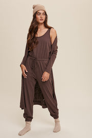 Mocha Cotton Jumpsuit And Long Cardigan Knit Set