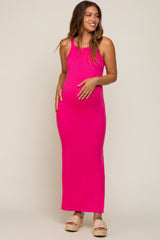 Fuchsia Ribbed Fitted Side Slit Maternity Midi Dress