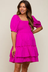 Magenta Puff Sleeve Ruffle Accent Maternity Dress