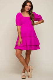 Magenta Puff Sleeve Ruffle Accent Maternity Dress