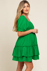 Green Puff Sleeve Ruffle Accent Maternity Dress