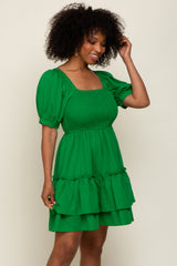 Green Puff Sleeve Ruffle Accent Maternity Dress