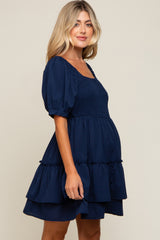 Navy Puff Sleeve Ruffle Accent Maternity Dress