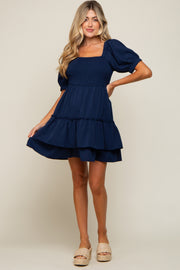 Navy Puff Sleeve Ruffle Accent Maternity Dress