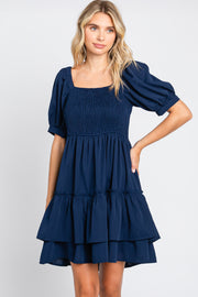 Navy Puff Sleeve Ruffle Accent Dress