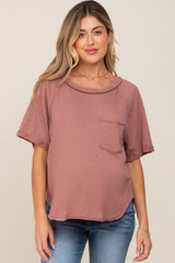 Rust Front Pocket Raw Edge Trim Short Sleeve Maternity Top