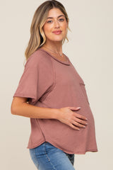 Rust Front Pocket Raw Edge Trim Short Sleeve Maternity Top