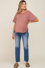 Rust Front Pocket Raw Edge Trim Short Sleeve Maternity Top