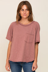 Rust Front Pocket Raw Edge Trim Short Sleeve Maternity Top