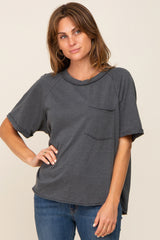 Charcoal Front Pocket Raw Edge Trim Short Sleeve Maternity Top