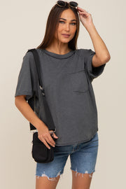 Charcoal Front Pocket Raw Edge Trim Short Sleeve Maternity Top