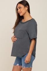 Charcoal Front Pocket Raw Edge Trim Short Sleeve Maternity Top