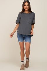 Charcoal Front Pocket Raw Edge Trim Short Sleeve Maternity Top