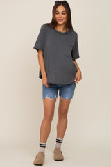 Charcoal Front Pocket Raw Edge Trim Short Sleeve Maternity Top