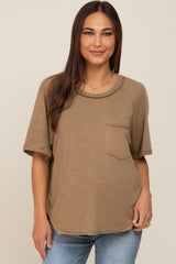 Mocha Front Pocket Raw Edge Trim Short Sleeve Maternity Top