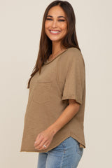 Mocha Front Pocket Raw Edge Trim Short Sleeve Maternity Top