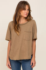 Mocha Front Pocket Raw Edge Trim Short Sleeve Top