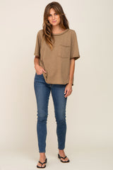 Mocha Front Pocket Raw Edge Trim Short Sleeve Top