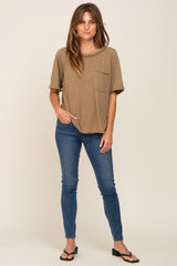 Mocha Front Pocket Raw Edge Trim Short Sleeve Top