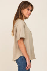 Taupe Front Pocket Raw Edge Trim Short Sleeve Top