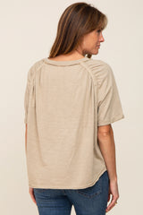 Taupe Front Pocket Raw Edge Trim Short Sleeve Top