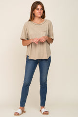 Taupe Front Pocket Raw Edge Trim Short Sleeve Top