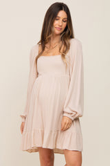 Beige Square Neck Puff Long Sleeve Maternity Dress