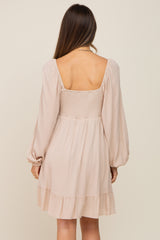 Beige Square Neck Puff Long Sleeve Maternity Dress