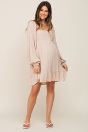 Beige Square Neck Puff Long Sleeve Maternity Dress