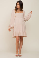 Beige Square Neck Puff Long Sleeve Maternity Dress