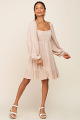 Beige Square Neck Puff Long Sleeve Dress