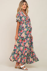 Black Multi-Color Floral Ruffle Maternity Maxi Dress