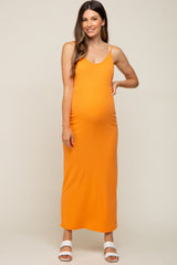 Orange Ribbed Sleeveless Maternity Maxi Dress