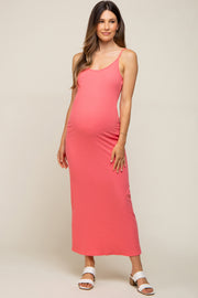 Coral Ribbed Sleeveless Maternity Maxi Dress