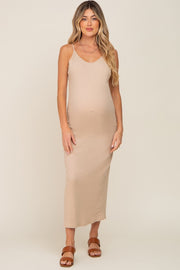 Beige Ribbed Sleeveless Maternity Maxi Dress