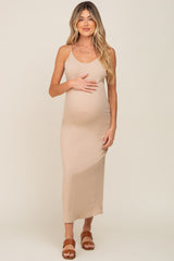 Beige Ribbed Sleeveless Maternity Maxi Dress