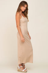 Beige Ribbed Sleeveless Maxi Dress