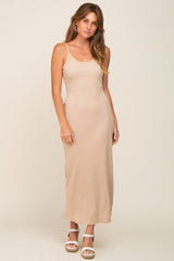 Beige Ribbed Sleeveless Maxi Dress