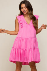 Fuchsia Satin Ruffle V-Neck Tiered Maternity Dress