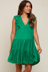 Green Satin Ruffle V-Neck Tiered Maternity Dress