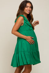 Green Satin Ruffle V-Neck Tiered Maternity Dress