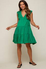 Green Satin Ruffle V-Neck Tiered Maternity Dress