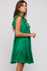 Green Satin Ruffle V-Neck Tiered Dress