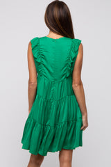 Green Satin Ruffle V-Neck Tiered Dress