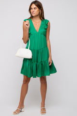 Green Satin Ruffle V-Neck Tiered Dress