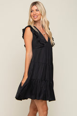 Black Satin Ruffle V-Neck Tiered Dress